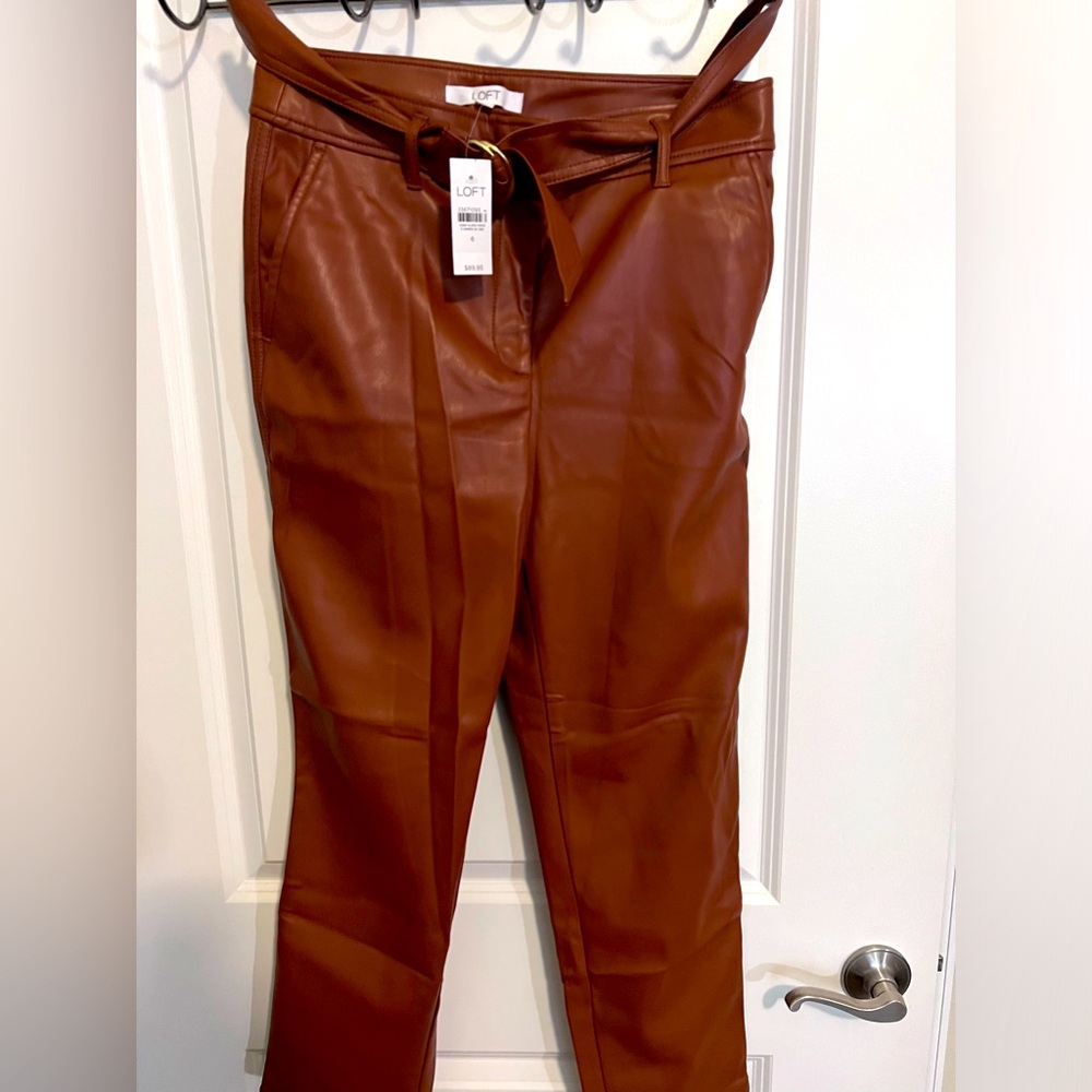 Loft Belted Slim Taper Pants Faux Leather in Cognac, Size 6